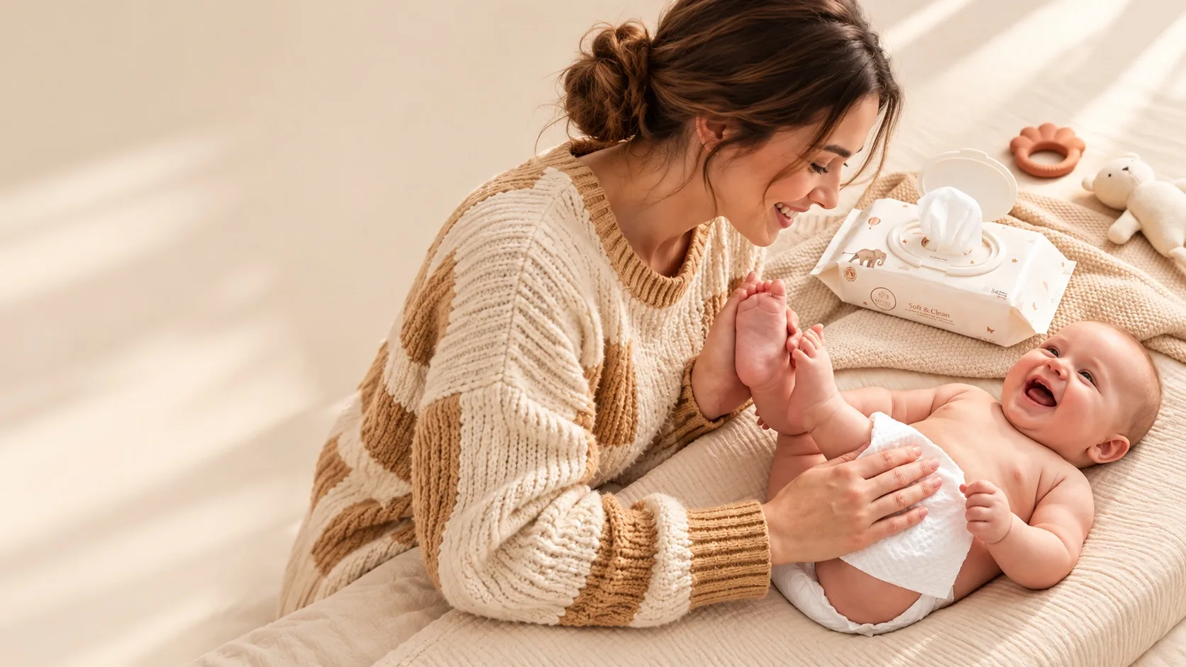 Moeder verschoont haar baby met Moise billendoekjes